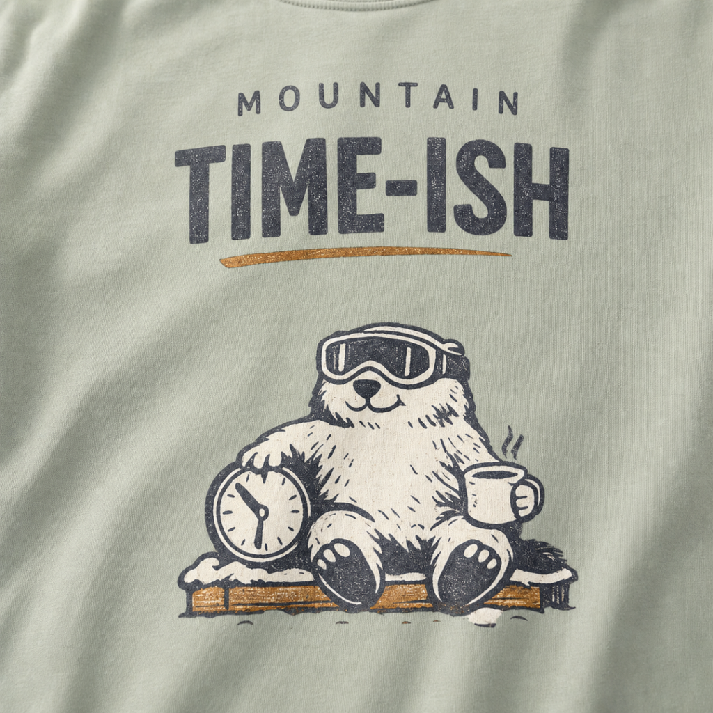 Close-up of a bay green t-shirt design showing a relaxed marmot with ski goggles, a clock and steaming mug beneath the words “Mountain Time-ish.”