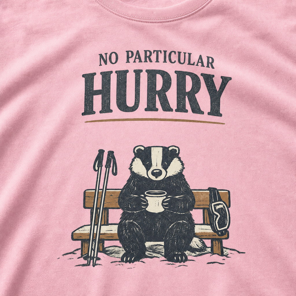 Close-up of a blossom pink t-shirt featuring a badger seated on a snowy bench with a mug, ski poles and goggles beneath the words “No Particular Hurry.”