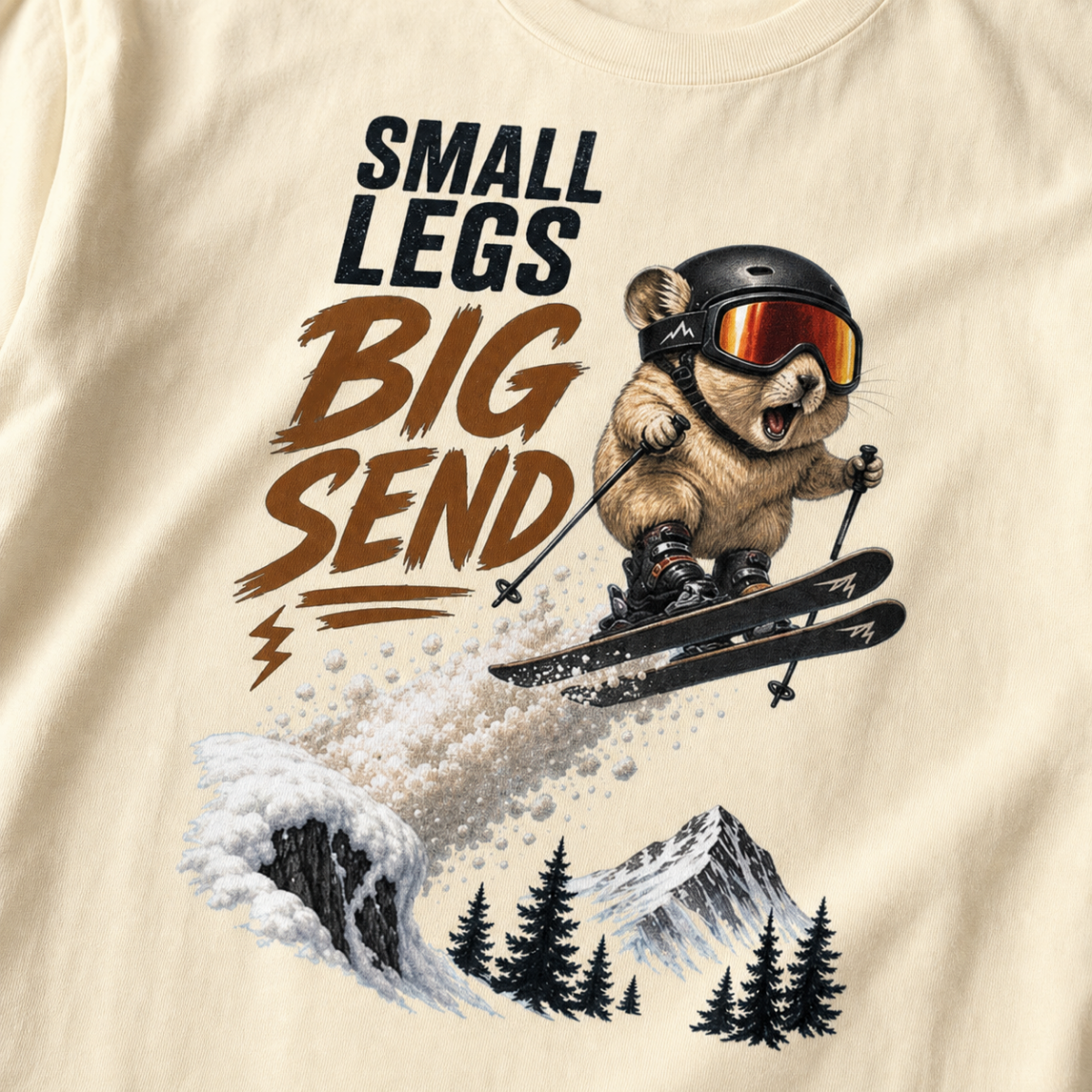 Close-up of a pika performing an airborne ski jump above snowy mountains and trees with the phrase “Small Legs Big Send.”