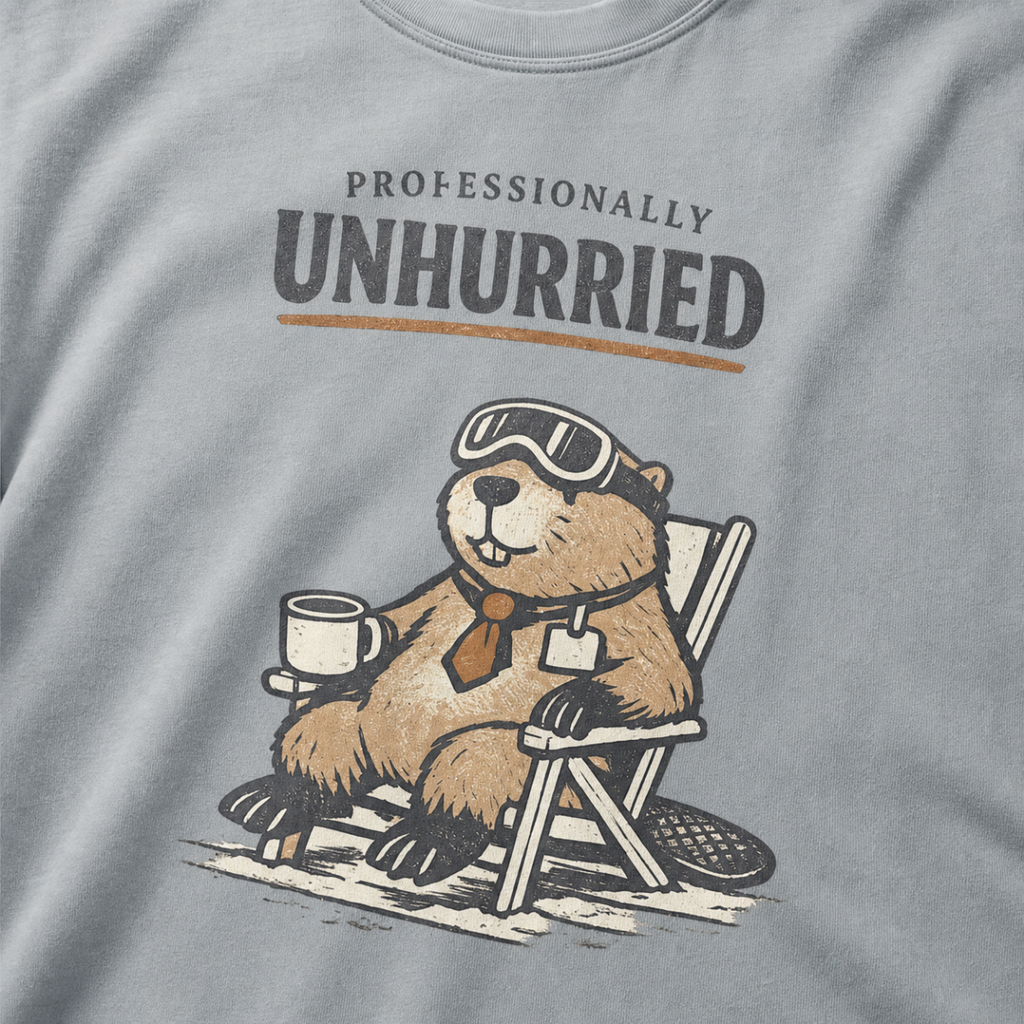 Close-up of a beaver relaxing in a folding chair with a mug, ski goggles and necktie beneath “Professionally Unhurried” text.