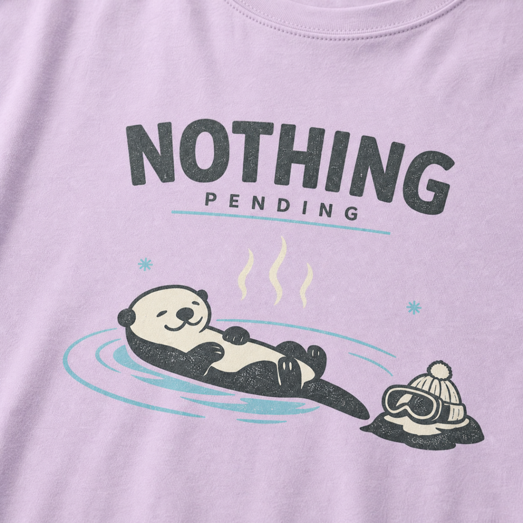 Close-up of an orchid purple t-shirt featuring a relaxed otter floating in a hot spring beside ski goggles and a beanie, with the words “Nothing Pending.”