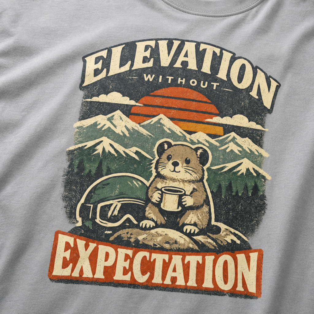 Close-up of a granite grey t-shirt design featuring a small mountain rodent holding a mug beside ski goggles, with sunset peaks and the phrase “Elevation Without Expectation.”