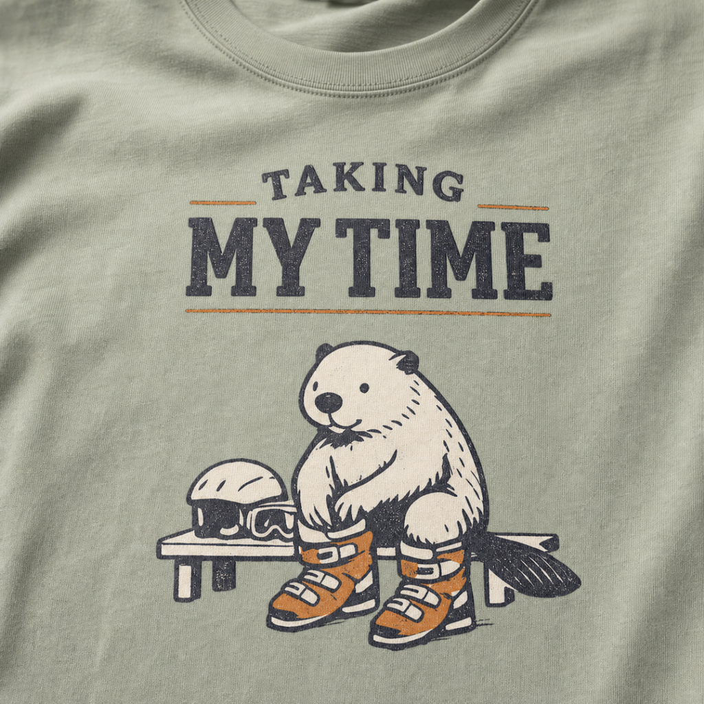 Close-up of a beaver preparing snowboard boots beside a helmet and goggles under “Taking My Time” lettering.