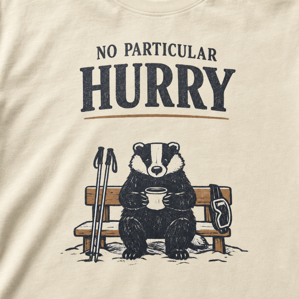 Close-up of an ivory white t-shirt featuring a badger seated on a snowy bench with a mug, ski poles and goggles beneath the words “No Particular Hurry.”