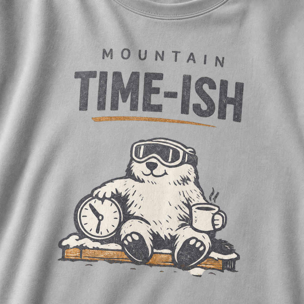 Close-up of a granite gray t-shirt design showing a relaxed marmot with ski goggles, a clock and steaming mug beneath the words “Mountain Time-ish.”