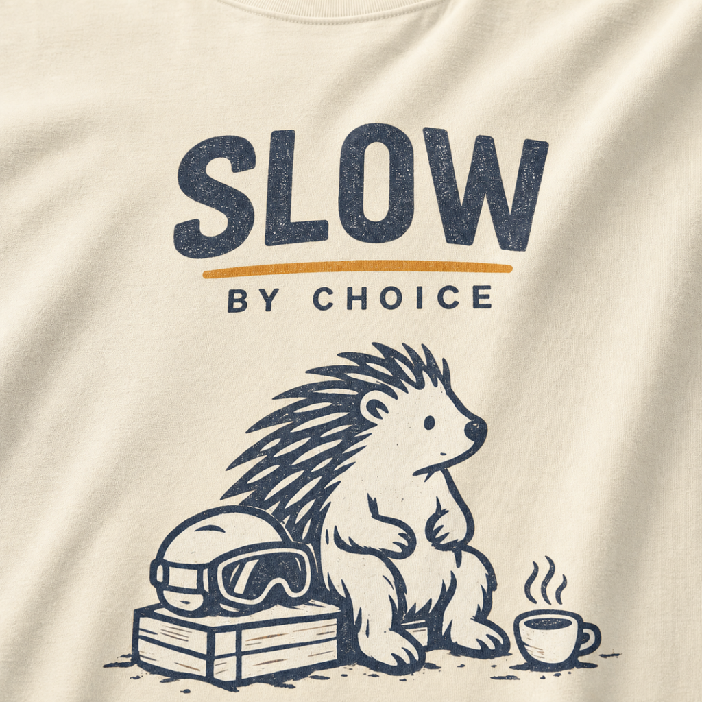 Close-up of a seated hedgehog resting beside ski goggles and a steaming mug under “Slow by Choice” lettering.
