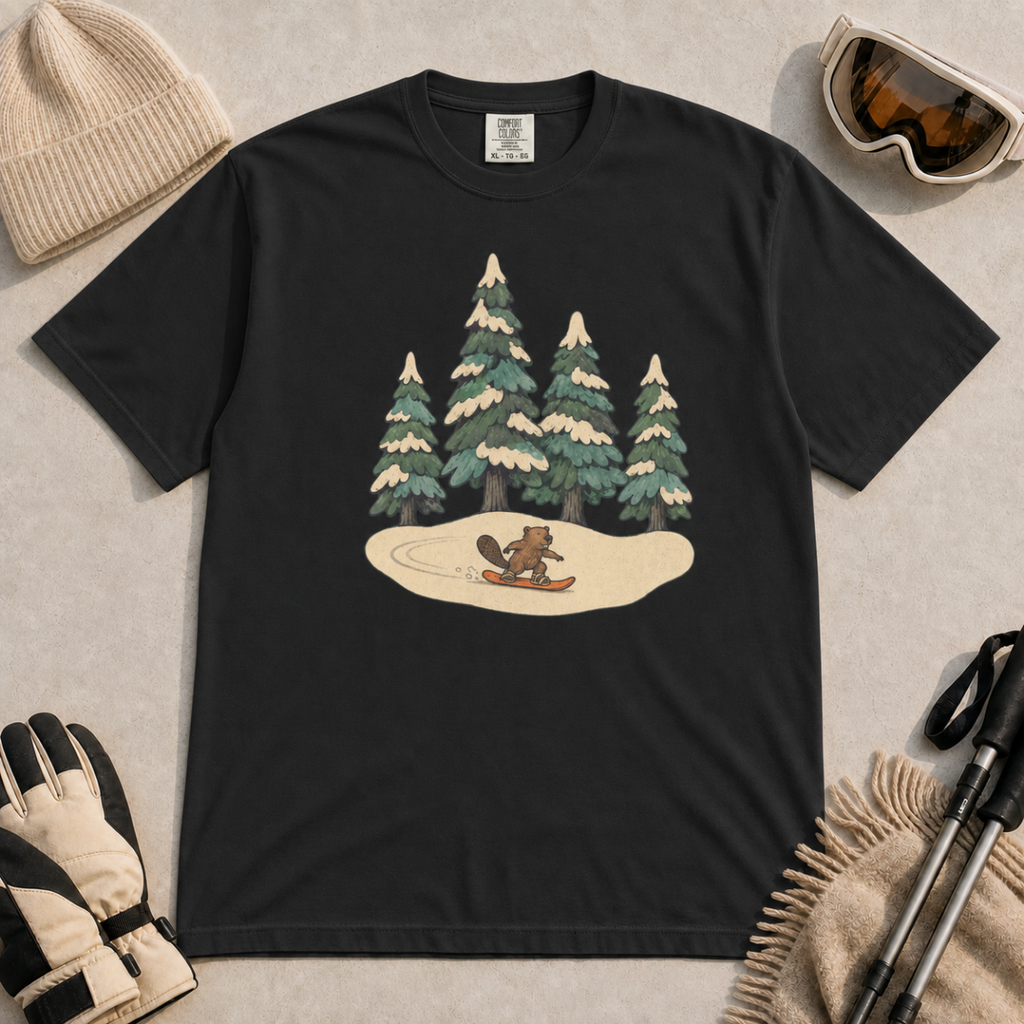 Black t-shirt featuring a small beaver snowboarding beneath four snow-covered pine trees.