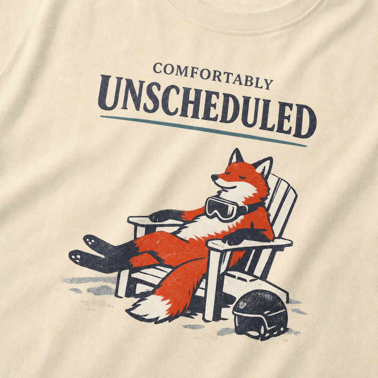 Close-up of a relaxed fox wearing ski goggles in a chair with the words “Comfortably Unscheduled.”