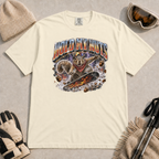 Ivory white t-shirt featuring a squirrel snowboarding through flying acorns beneath the words “Hold My Nuts.”