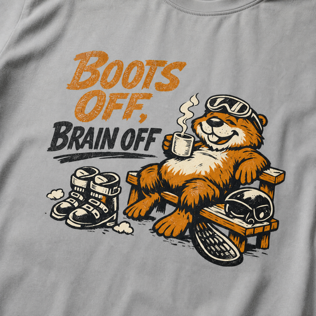 Close-up of a relaxed marmot holding a steaming mug beside ski boots and a helmet with the words “Boots Off, Brain Off.”