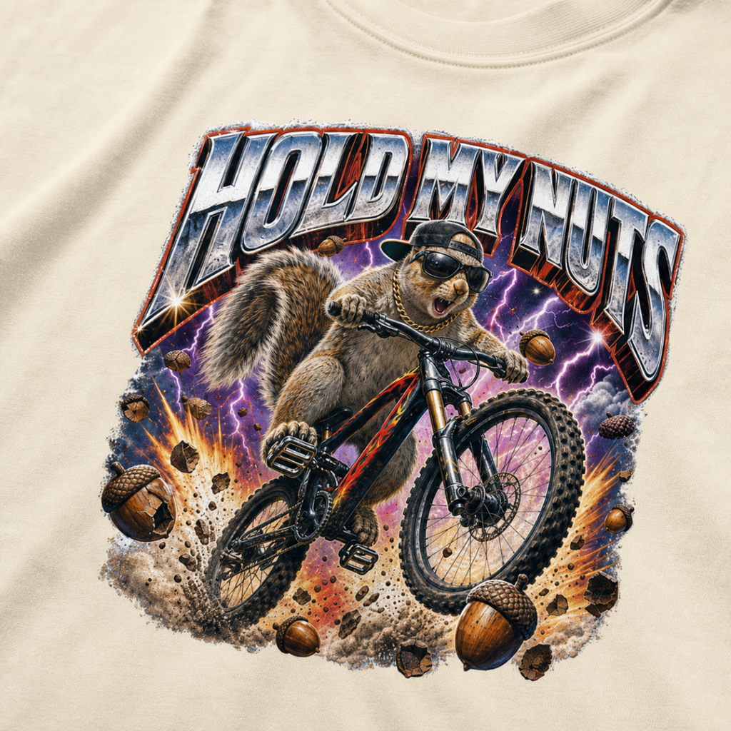 Close-up of a bold squirrel mountain biking design with lightning, flying acorns, and the words “Hold My Nuts” on a charcoal ivory white t-shirt.