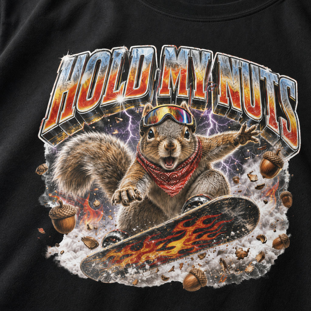 Close-up of a squirrel performing a snowboard trick amid purple lightning, snow, and acorns beneath the words “Hold My Nuts.”