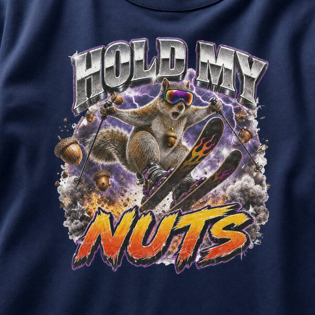 Close-up of a bold squirrel skiing design with purple lightning, flying acorns, and the words “Hold My Nuts” on a charcoal gray t-shirt.