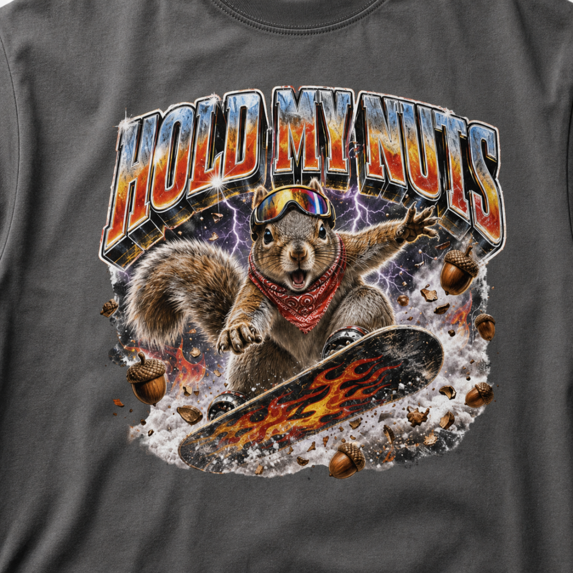 Close-up of a squirrel performing a snowboard trick amid purple lightning, snow, and acorns beneath the words “Hold My Nuts.”