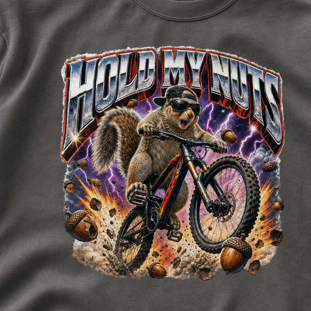 Close-up of a bold squirrel mountain biking design with lightning, flying acorns, and the words “Hold My Nuts” on a pepper gray t-shirt.