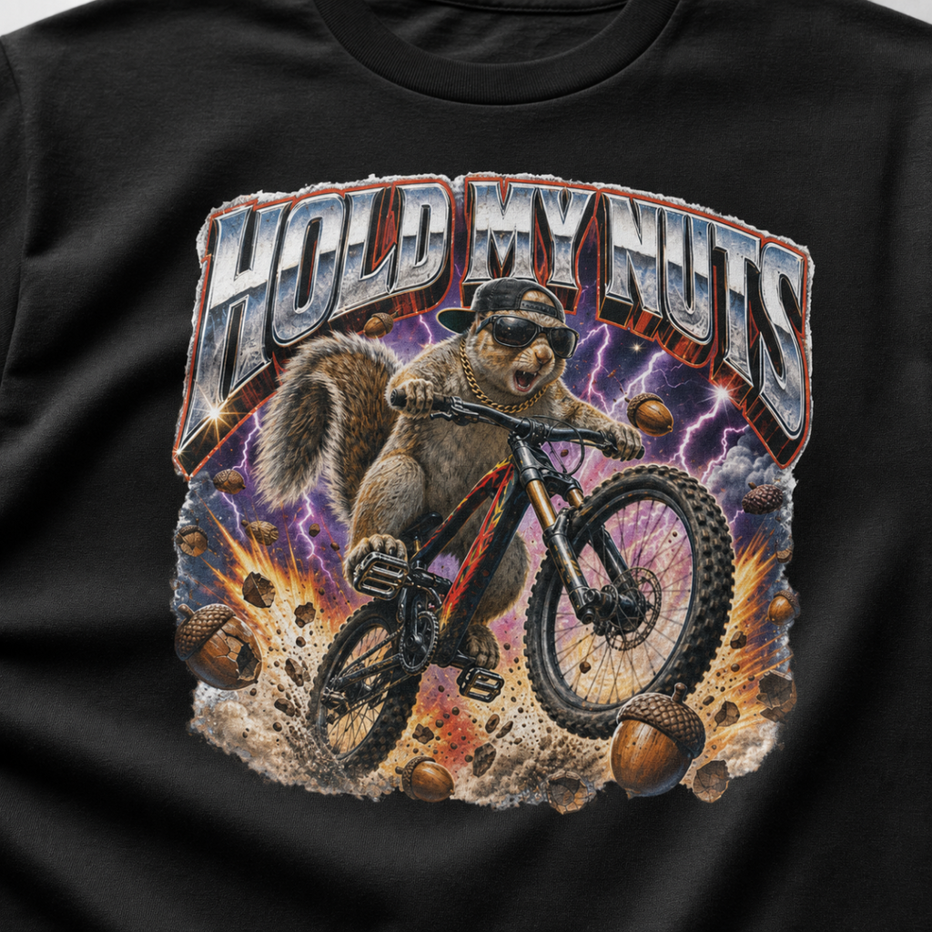Close-up of a bold squirrel mountain biking design with lightning, flying acorns, and the words “Hold My Nuts” on a charcoal black t-shirt.