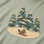 Close-up of a small beaver snowboarding through a snowy evergreen forest on a bay green t-shirt.