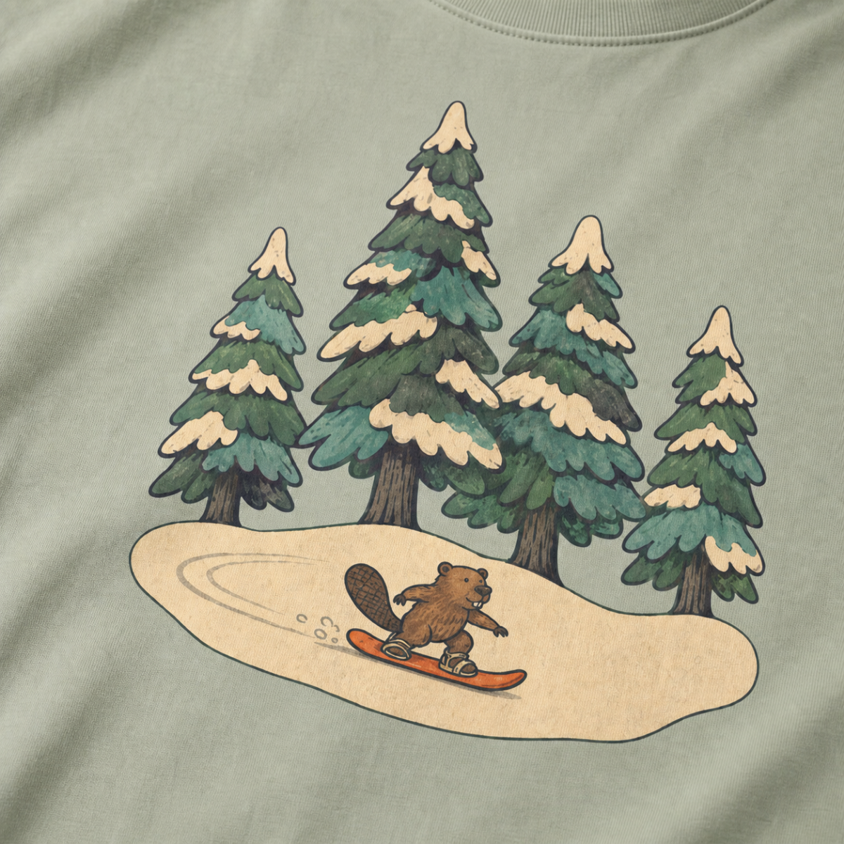 Close-up of a small beaver snowboarding through a snowy evergreen forest on a bay green t-shirt.