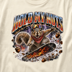 Close-up of a squirrel performing a snowboard trick amid purple lightning, snow, and acorns beneath the words “Hold My Nuts.”