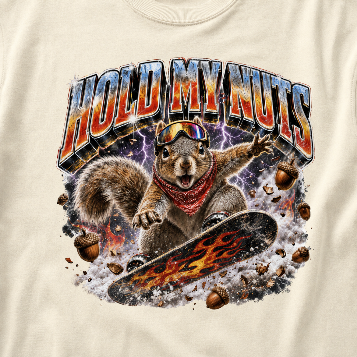 Close-up of a squirrel performing a snowboard trick amid purple lightning, snow, and acorns beneath the words “Hold My Nuts.”