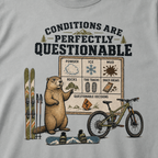 Close-up of a granite grey t-shirt featuring a marmot beside skis, a snowboard, a mountain bike, and a humorous conditions chart.