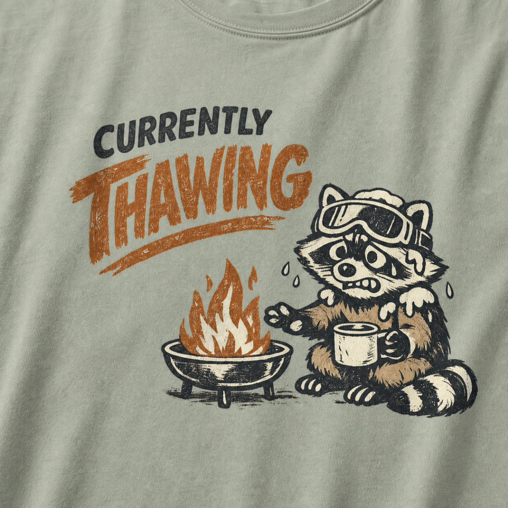 Close-up of a raccoon in ski goggles holding a mug beside a fire with the words “Currently Thawing.”