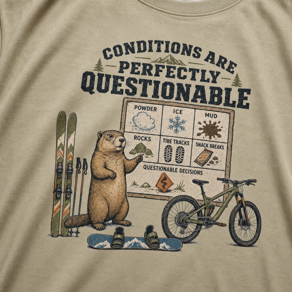 Close-up of a khaki t-shirt featuring a marmot beside skis, a snowboard, a mountain bike, and a humorous conditions chart.