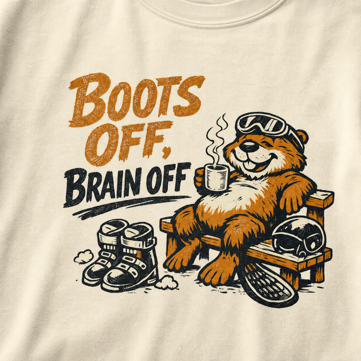 Close-up of a relaxed marmot holding a steaming mug beside ski boots and a helmet with the words “Boots Off, Brain Off.”