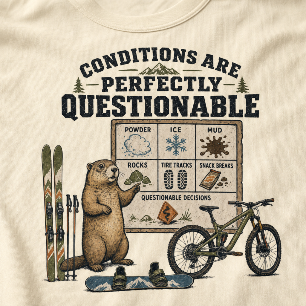 Close-up of an ivory white t-shirt featuring a marmot beside skis, a snowboard, a mountain bike, and a humorous conditions chart.