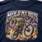 Close-up of a bold squirrel mountain biking design with lightning, flying acorns, and the words “Hold My Nuts” on a charcoal navy blue t-shirt.