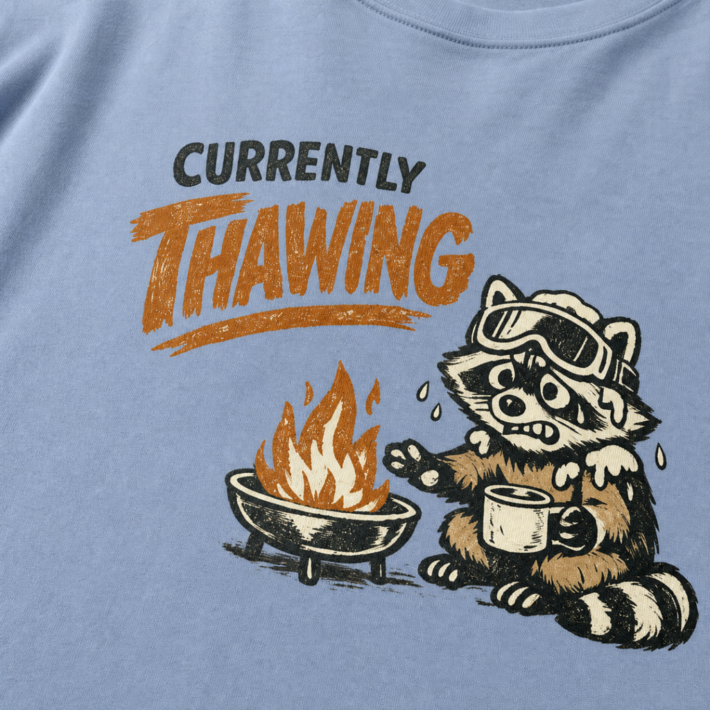 Close-up of a raccoon in ski goggles holding a mug beside a fire with the words “Currently Thawing.”