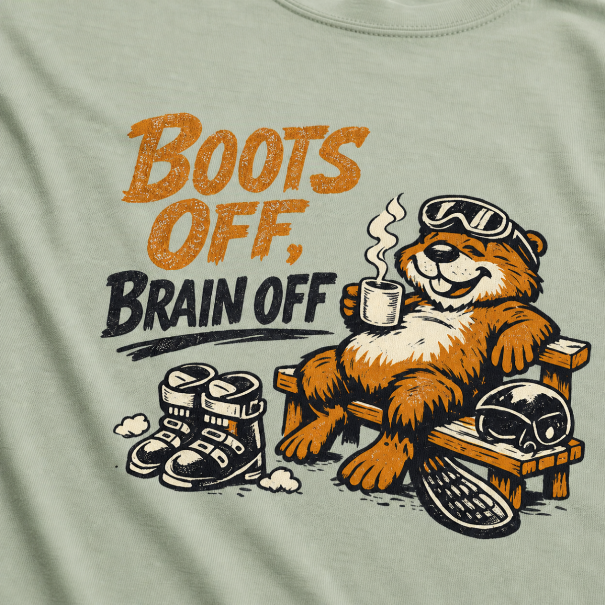 Close-up of a relaxed marmot holding a steaming mug beside ski boots and a helmet with the words “Boots Off, Brain Off.”