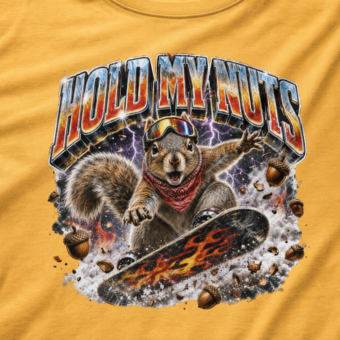 Close-up of a squirrel performing a snowboard trick amid purple lightning, snow, and acorns beneath the words “Hold My Nuts.”