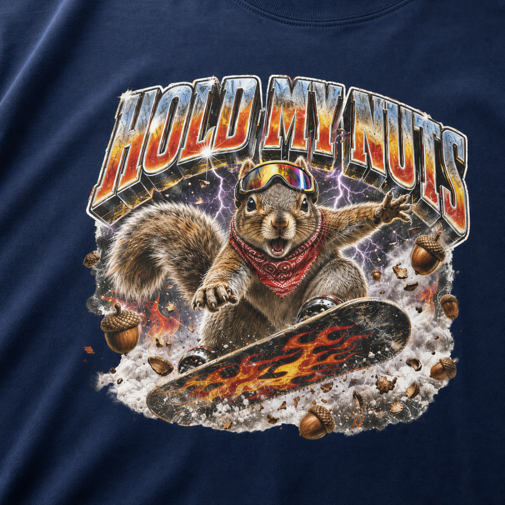 Close-up of a squirrel performing a snowboard trick amid purple lightning, snow, and acorns beneath the words “Hold My Nuts.”