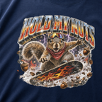 Close-up of a squirrel performing a snowboard trick amid purple lightning, snow, and acorns beneath the words “Hold My Nuts.”