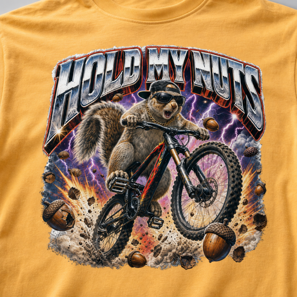 Close-up of a bold squirrel mountain biking design with lightning, flying acorns, and the words “Hold My Nuts” on a charcoal mustard yellow t-shirt.