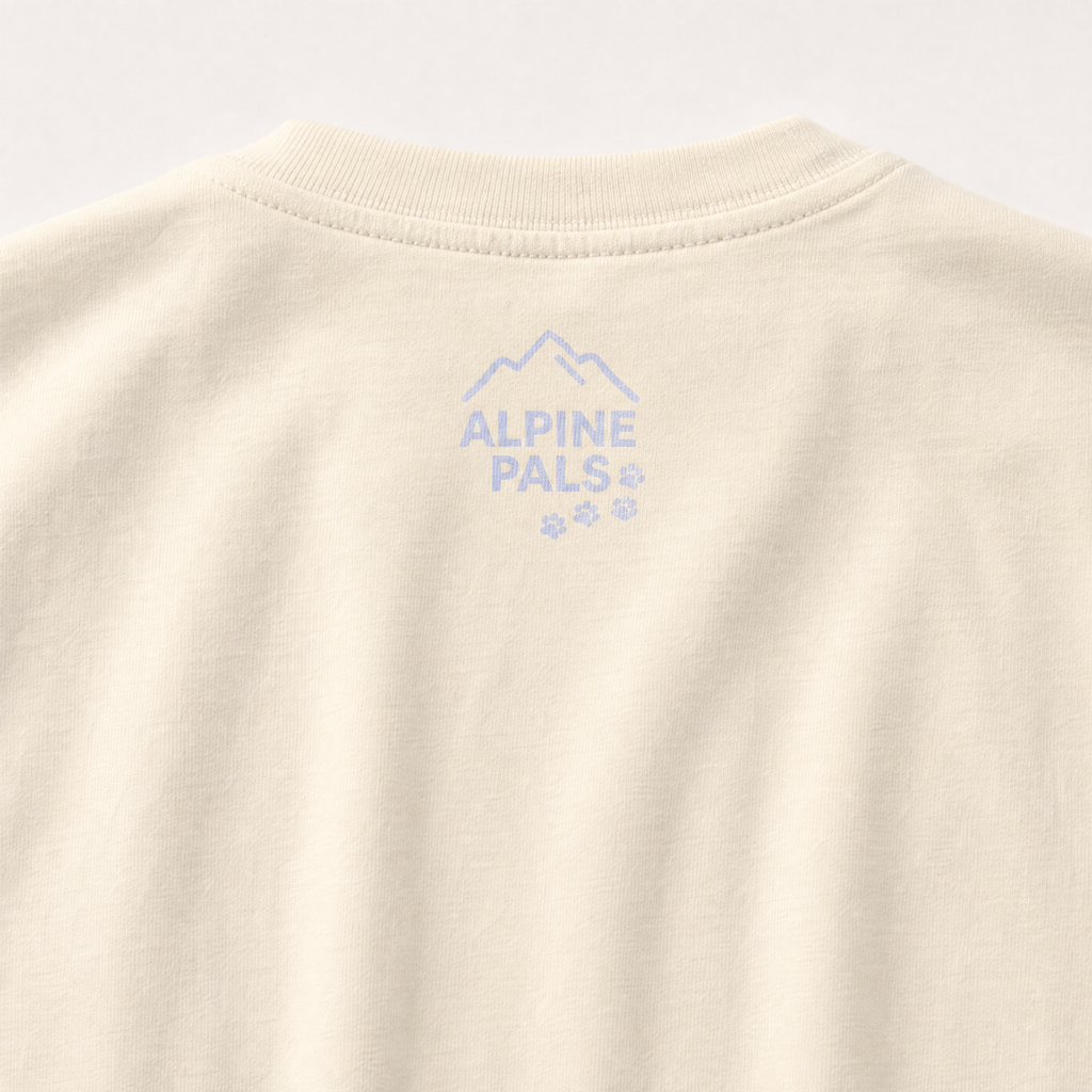Ivory colored fabric with 'Alpine Pals' logo embroidered on a light gray background
