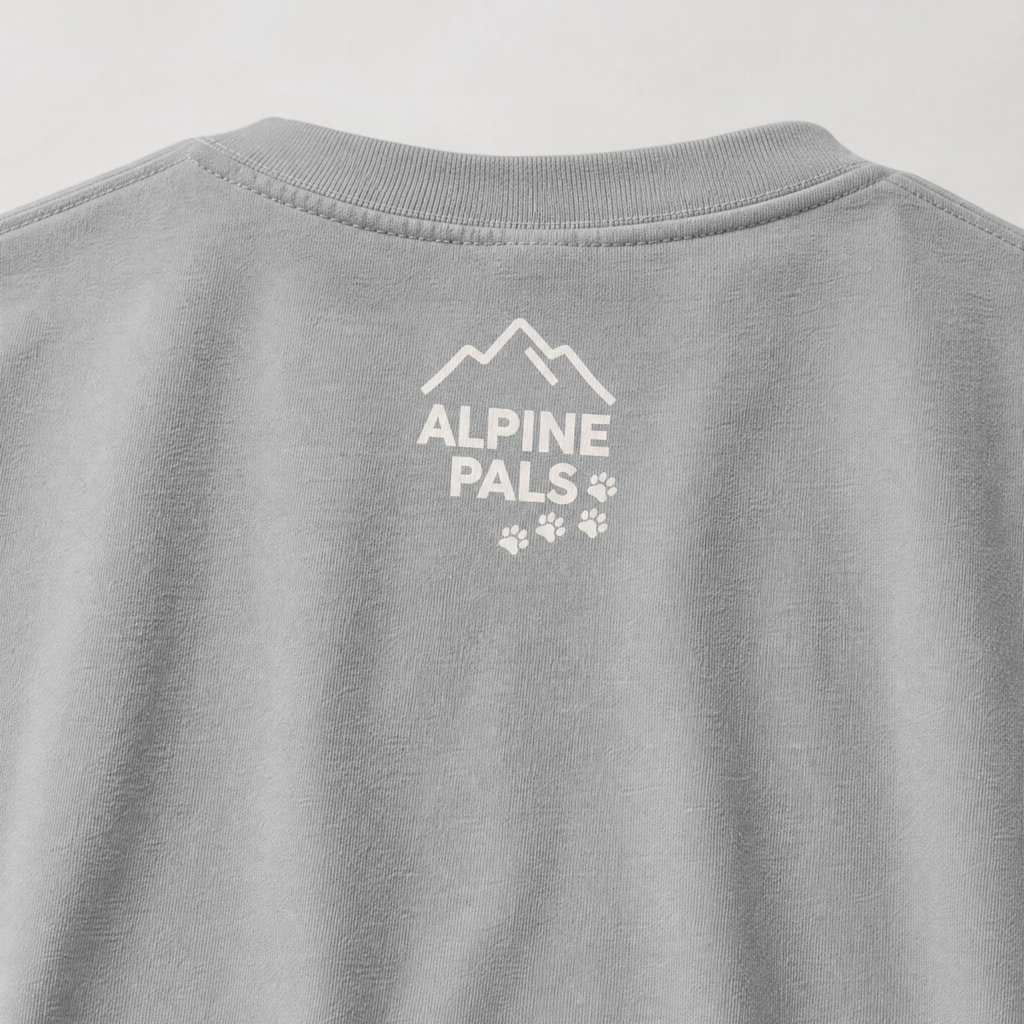 Granite gray shirt with 'Alpine Pals' logo on a light gray background