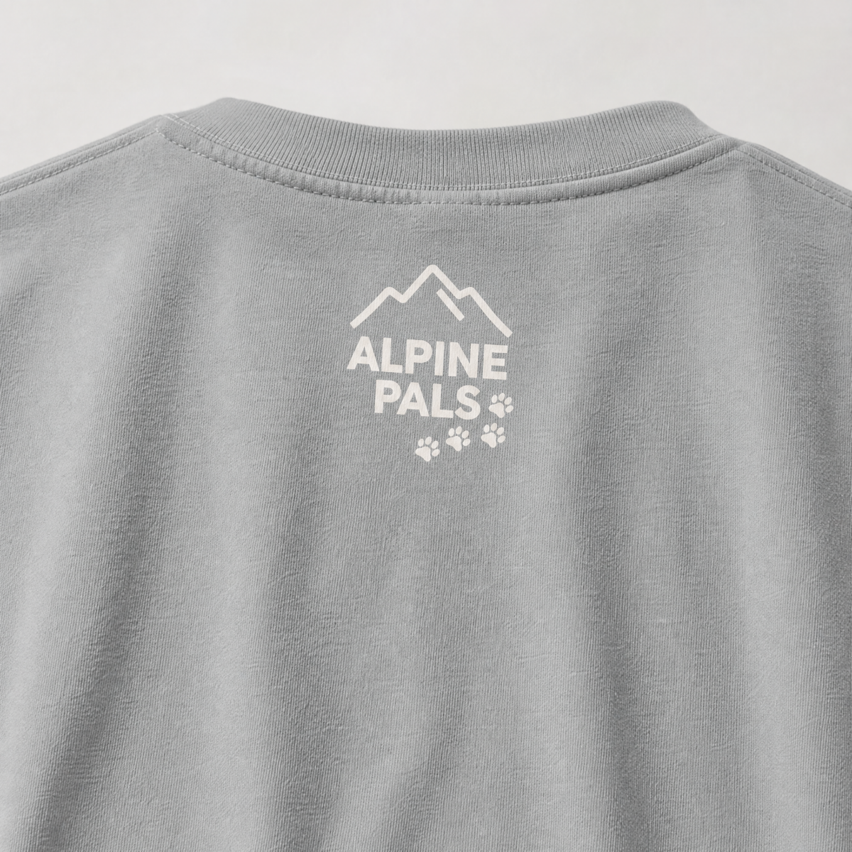 Granite gray shirt with 'Alpine Pals' logo on a light gray background