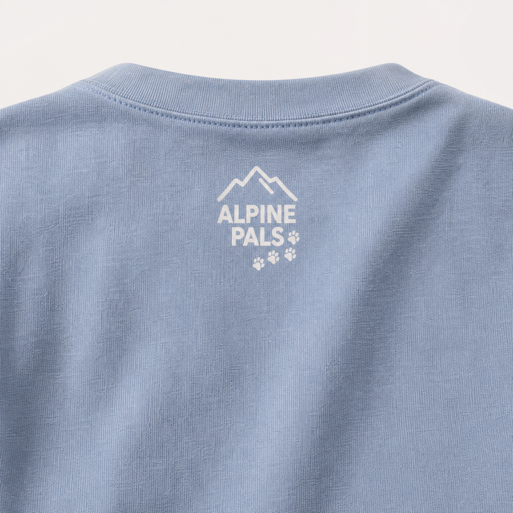 Washed denim blue shirt with 'Alpine Pals' logo on a light gray background