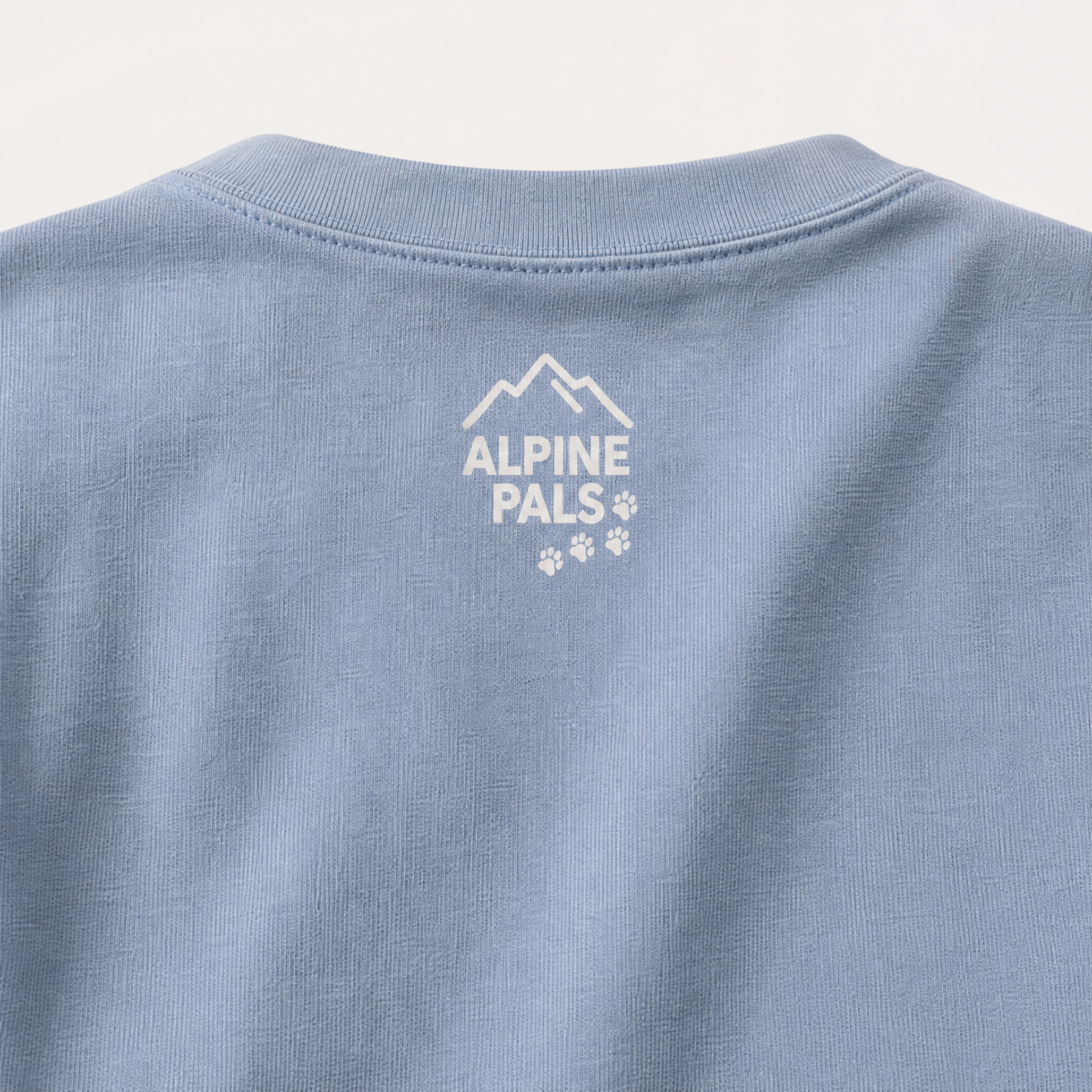 Washed denim blue shirt with 'Alpine Pals' logo on a light gray background