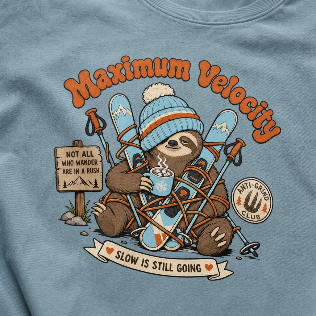 T-shirt with a sloth character holding skis and a cup, surrounded by hiking gear and text on an ice blue background.