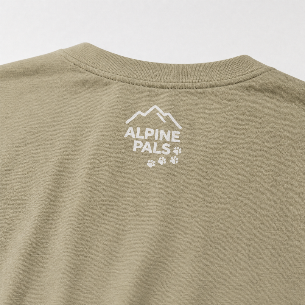 Close-up of a Khaki shirt with 'Alpine Pals' logo on a white background