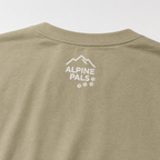 Close-up of a Khaki shirt with 'Alpine Pals' logo on a white background