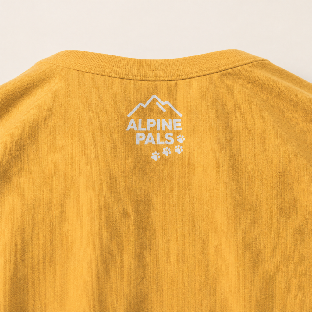 Mustard yellow shirt with 'Alpine Pals' logo on a beige background