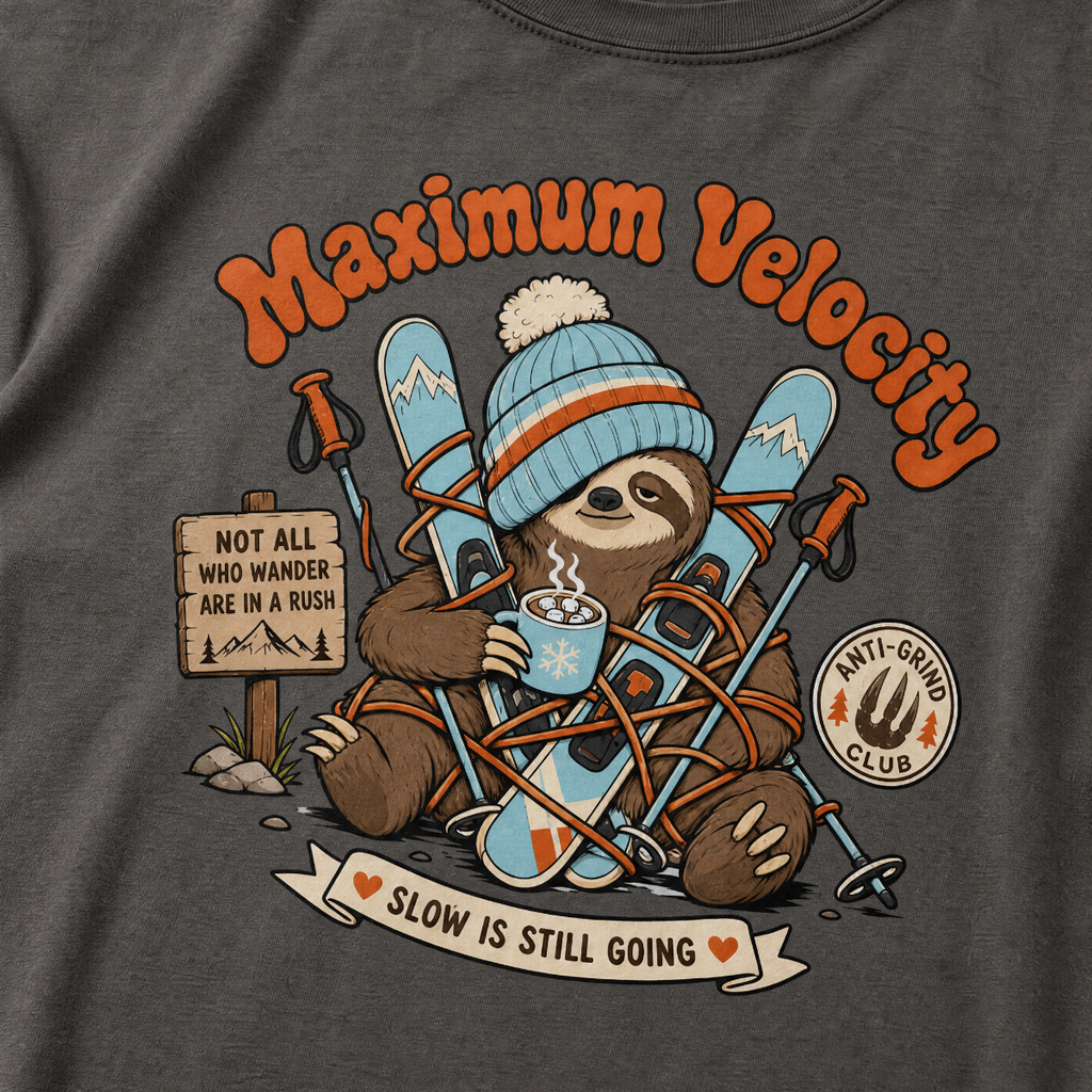 T-shirt with a sloth character holding skis and a cup, surrounded by text and graphics on a dark gray background.
