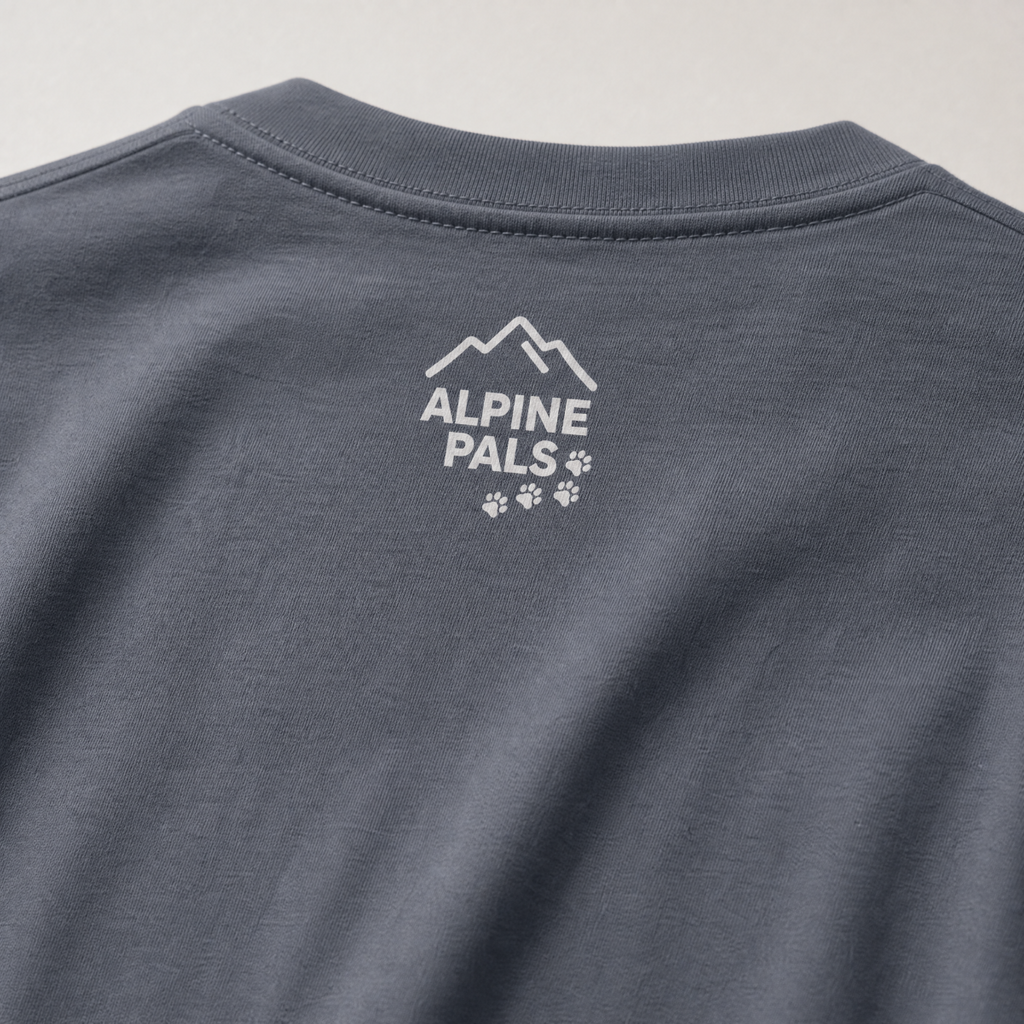 Denim gray t-shirt with 'Alpine Pals' logo on a light gray background