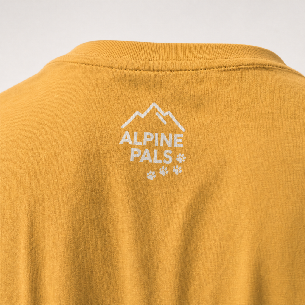 Mustard yellow shirt with 'Alpine Pals' logo on a white background