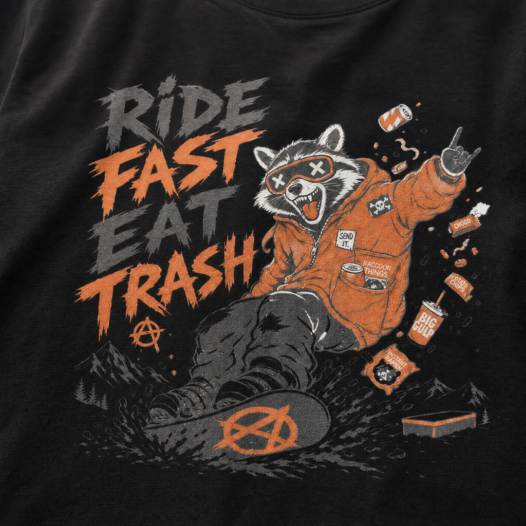 Black t-shirt with a graphic of a raccoon in an orange jacket and text 'Ride Fast Eat Trash' on a black background.