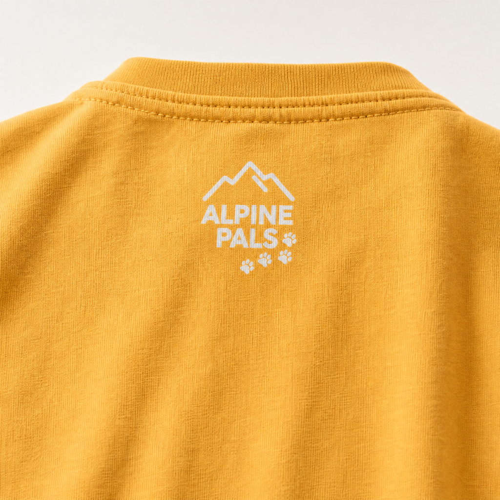 Mustard yellow shirt with 'Alpine Pals' logo on a white background